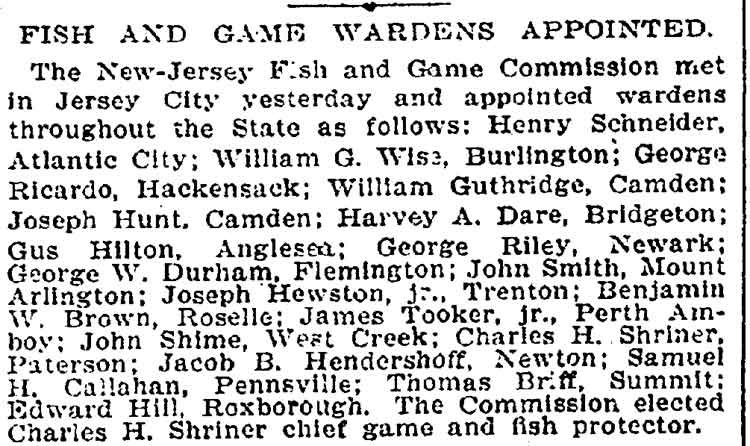 New York Herald Tribune April 15, 1896 — Fish and Game Wardens Appointed