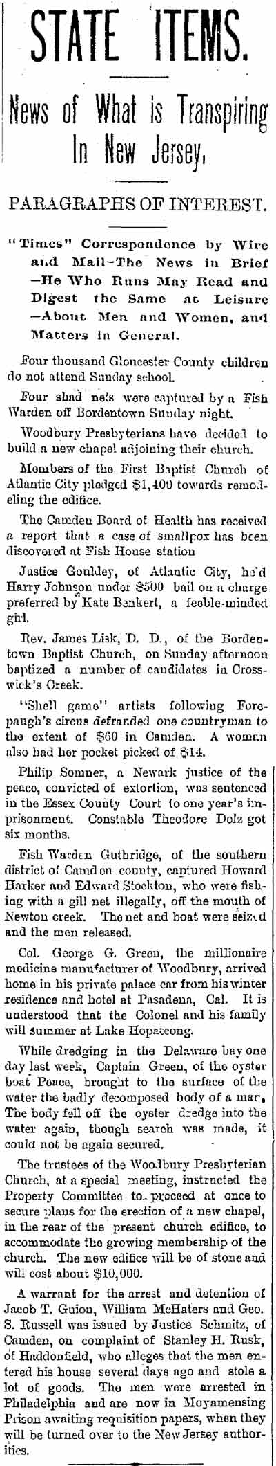 Trenton Evening Times May 30, 1893 — State Items