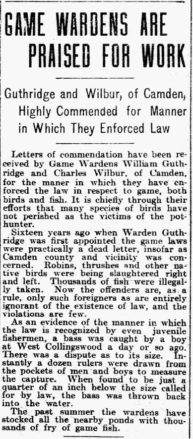 Trenton Evening Times September 16, 1907 — Game Wardens Are Praised for Work