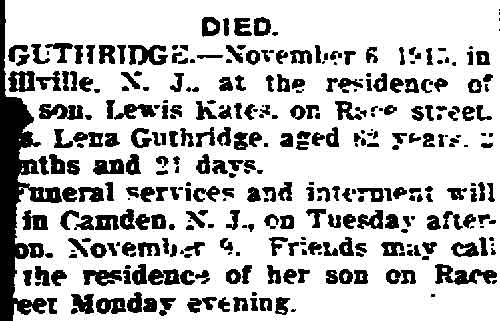 Bridgeton Evening News November 8, 1915 — Death notice for Lena Guthridge