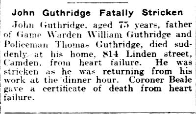 Philadelphia Inquirer, November 14, 1903 — John Guthridge Fatally Stricken