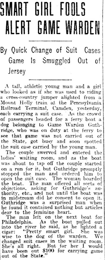 Trenton Evening Times November 15, 1907 — Smart Girl Fools Alert Game Warden