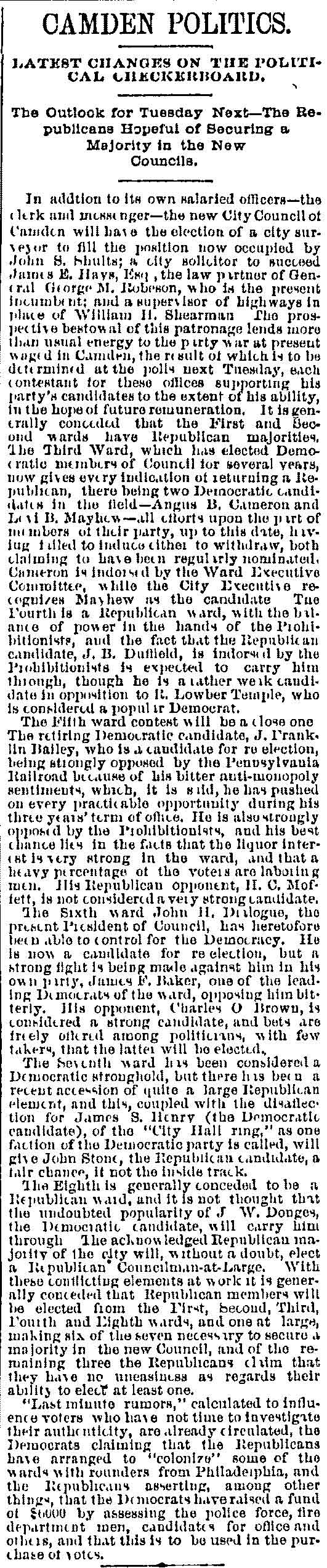 Philadelphia Inquirer, March 8, 1884 — Camden Politics, mentioning William H. Shearman as Supervisor of Highways