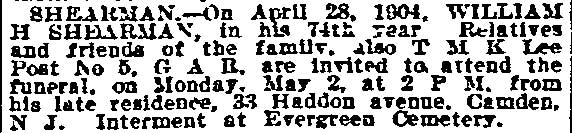Philadelphia Inquirer death notice for William H. Shearman, April 28 / May 2, 1904