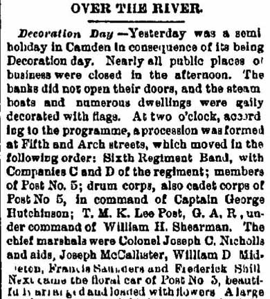 Philadelphia Inquirer, June 1, 1880 - GAR and Jennings Band article, column 1