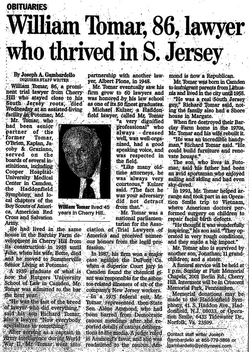 Philadelphia Inquirer obituary for William Tomar, September 12, 2003