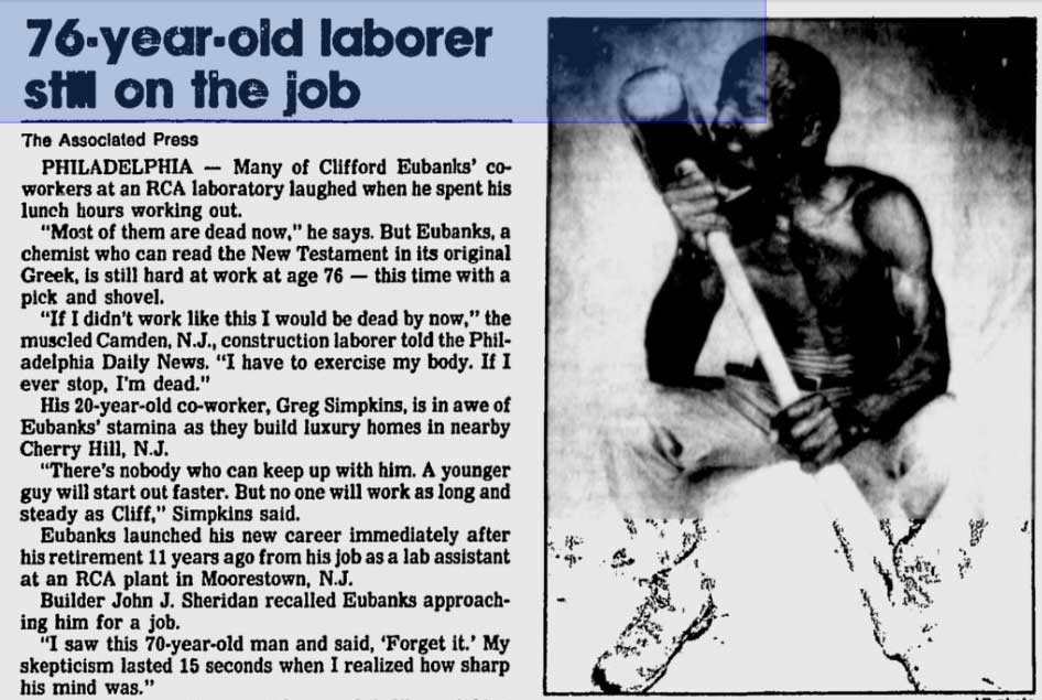Newspaper feature about Clifford Eubanks working at age 76, part 1
