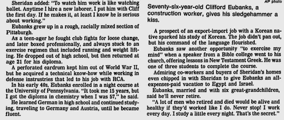 Newspaper feature about Clifford Eubanks working at age 76, part 2
