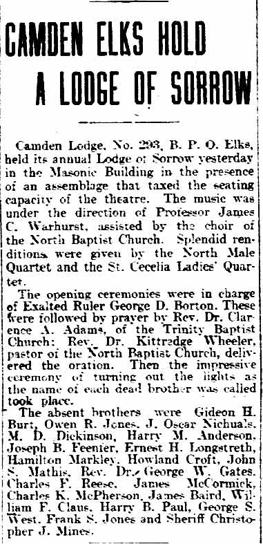 Camden Elks Hold a Lodge of Sorrow, Philadelphia Inquirer, December 7, 1903
