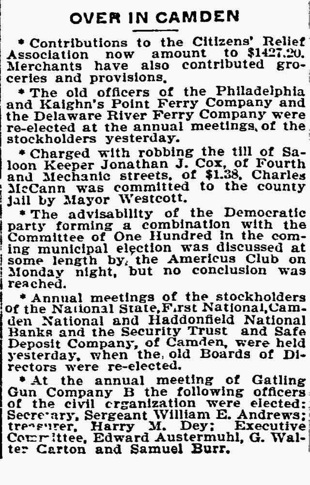 Philadelphia Inquirer, November 13, 1897, Over in Camden, Gatling Gun Company B annual meeting