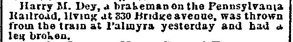 Philadelphia Inquirer, February 18, 1890, Harry M. Dey thrown from train at Palmyra