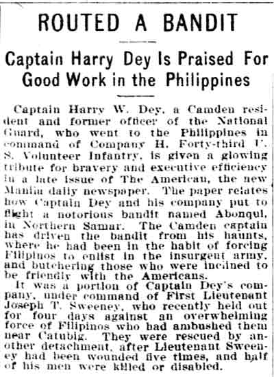 Philadelphia Inquirer, May 25, 1900, Routed a Bandit, Captain Harry Dey praised for good work in the Philippines