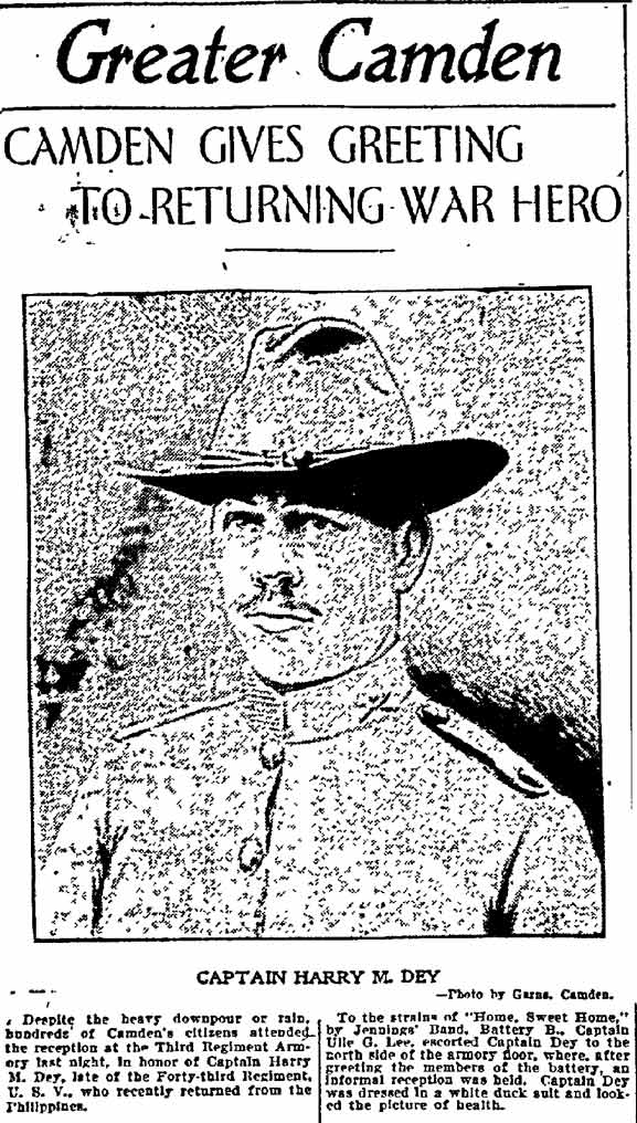 Philadelphia Inquirer, July 26, 1901, Camden Gives Greeting to Returning War Hero, portrait and article about Captain Harry M. Dey reception