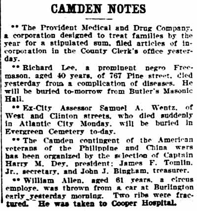 Philadelphia Inquirer, August 20, 1902, Camden Notes, Captain Harry M. Dey organizes veterans group