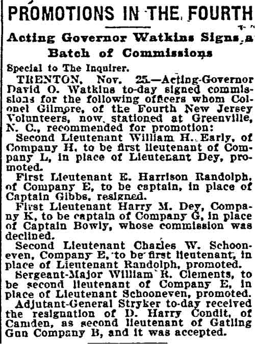 Philadelphia Inquirer, November 26, 1898, Promotions in the Fourth, Harry M. Dey promoted to Captain