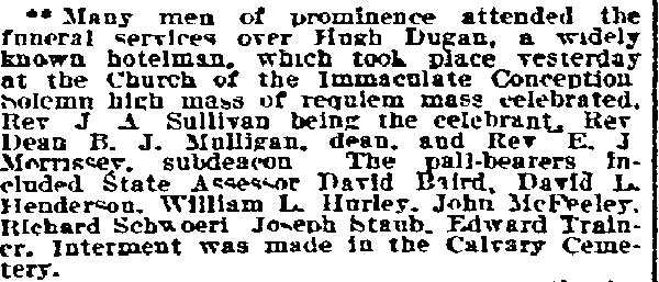 Hugh Dugan funeral — Philadelphia Inquirer, September 1, 1908