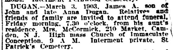 Dugan death notice — Philadelphia Inquirer, March 6, 1903