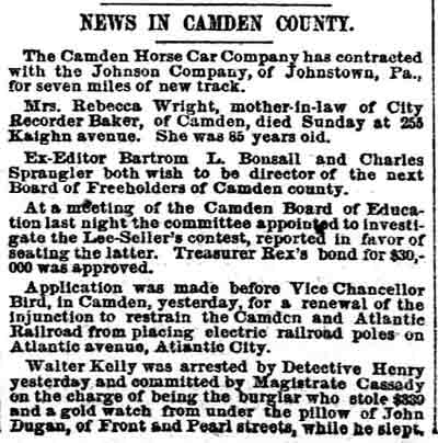 Philadelphia Inquirer, April 2, 1889 — Camden Horse Car Company, Rebecca Wright, Benjamin Braker, Bartram L. Bonsall, Frederick A. Rex, Walter Kelly, James S. Henry, James M. Cassady, John Dugan