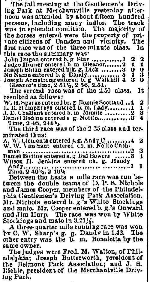 Gentlemen's Driving Park at Merchantville — Philadelphia Inquirer, January 2, 1884