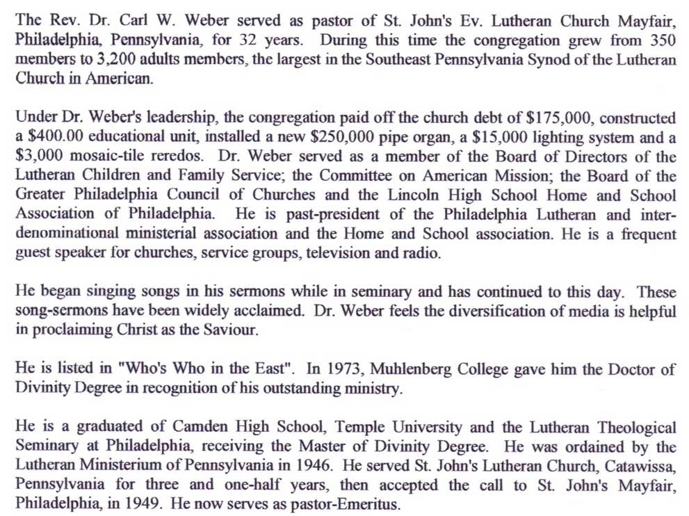 Rev. Dr. Carl W. Weber church profile text