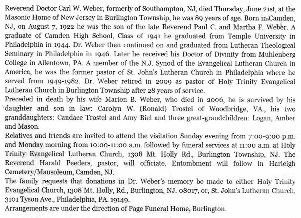 Obituary for Reverend Doctor Carl W. Weber