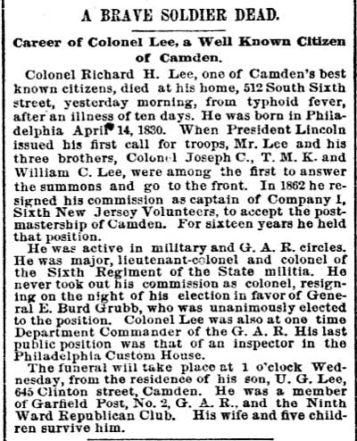 Philadelphia Inquirer, June 10, 1889 — A Brave Soldier Dead: Career of Colonel Lee, a Well Known Citizen of Camden