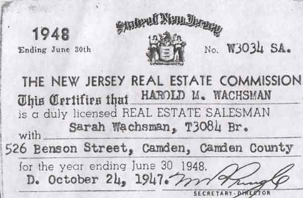 New Jersey Real Estate Commission certificate for Harold M. Wachsman as licensed real estate salesman with Sarah Wachsman, 526 Benson Street, Camden, 1948