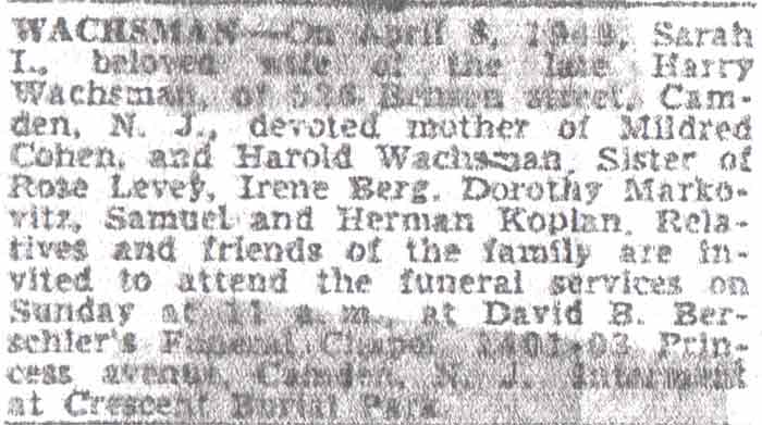 Death notice for Sarah Wachsman — Camden Courier-Post, April 9, 1949
