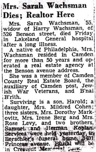 Mrs. Sarah Wachsman Dies; Realtor Here — Camden Courier-Post, April 9, 1949