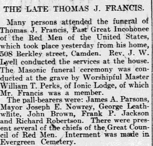 The Late Thomas J. Francis — Philadelphia Inquirer, May 30, 1903
