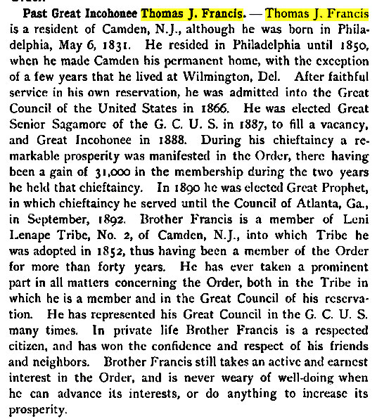 Past Great Incohonee Thomas J. Francis — Official History of the Improved Order of Red Men, 1893