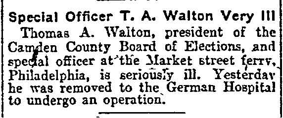 Philadelphia Inquirer, February 4, 1905 — Special Officer T. A. Walton Very Ill