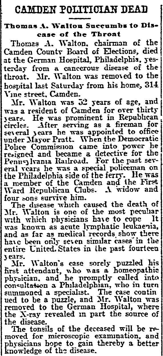Philadelphia Inquirer, February 8, 1905 — Camden Politician Dead