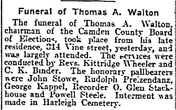 Philadelphia Inquirer, February 12, 1905 — Funeral of Thomas A. Walton