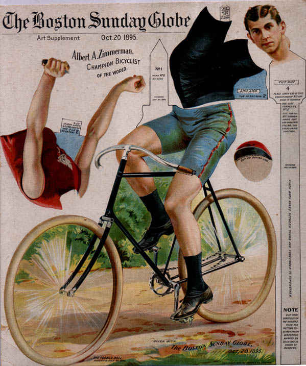 Boston Sunday Globe Art Supplement illustrated cutout of Arthur A. Zimmerman, Champion Bicyclist of the World, October 20, 1895