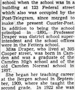 Agnes Draper, Teacher Here 40 Years, Dies. Camden Courier-Post - July 7, 1950