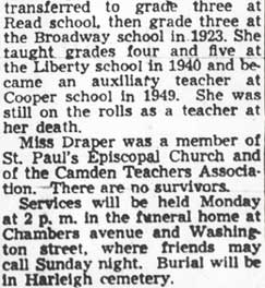 Agnes Draper, Teacher Here 40 Years, Dies. Camden Courier-Post - July 7, 1950