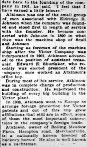 Albert W. Atkinson retirement article, Camden Courier-Post, April 6, 1928, part 2
