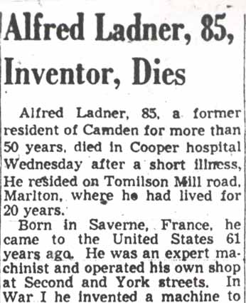 Alfred A. Ladner obituary, Camden Courier-Post, March 23, 1950, part 1