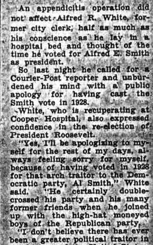 Alfred R. White newspaper article, Camden Courier-Post, October 17, 1936, part 1