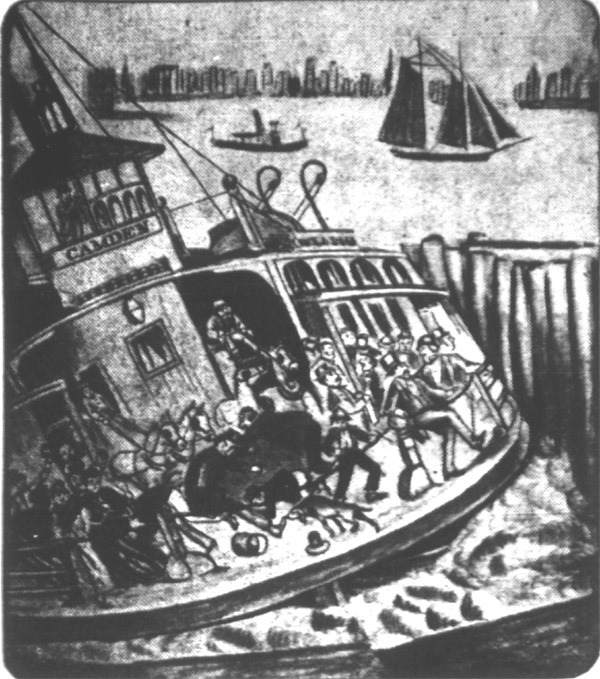 A Good Landing in 1873, watercolor of the Camden ferry landing, Camden Courier-Post, February 16, 1928