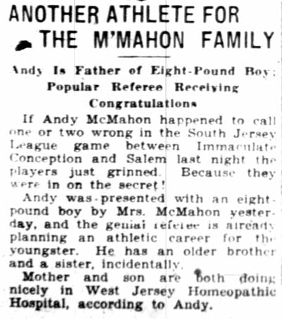 Andrew McMahon newspaper article, February 7, 1928
