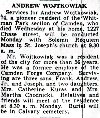 Andrew Wojtkowiak obituary, May 22, 1942
