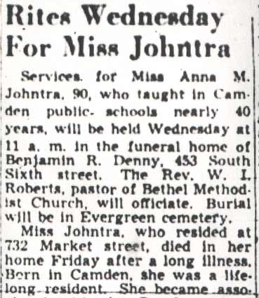 Camden Courier-Post obituary for Anna M. Johntra, February 20, 1950, part 1