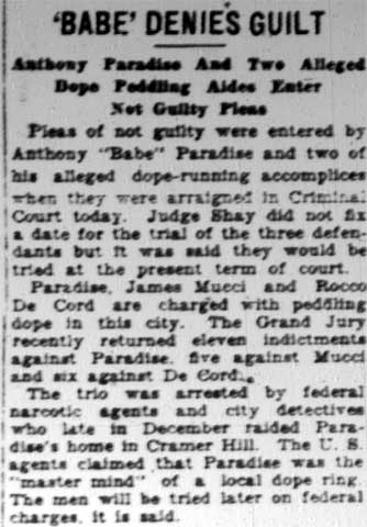 Anthony 'Babe' Paradise arraigned, February 9, 1928