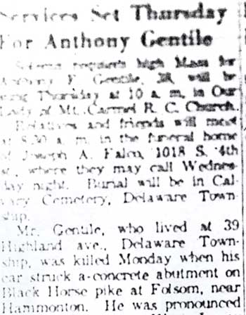 Anthony Gentile death article, August 31, 1954 (part 1)