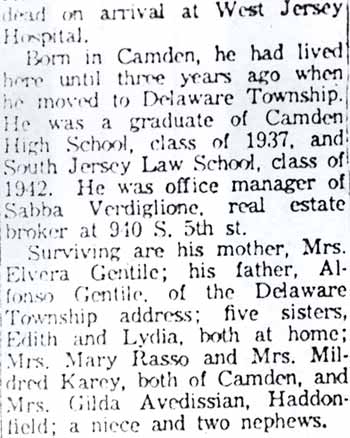 Anthony Gentile death article, August 30, 1954 (part 1)