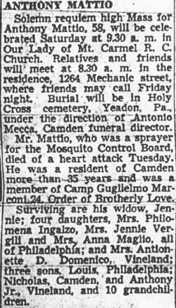 Anthony Mattio obituary, July 19, 1950