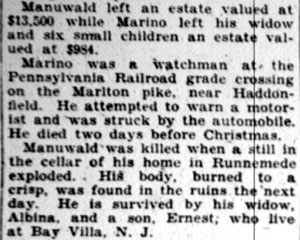 Man Killed By Auto Leaves $900 Estate – Camden Courier-Post, January 9, 1928