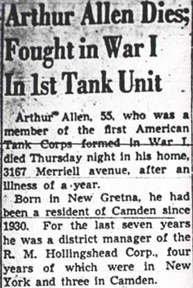 Arthur Allen Dies; Fought in War I In 1st Tank Unit – Camden Courier-Post, April 28, 1950